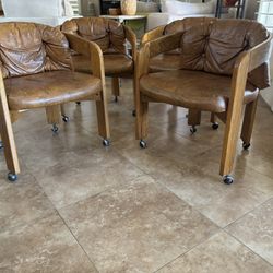 Rolling Oak & Leather Chairs - Set Of Four