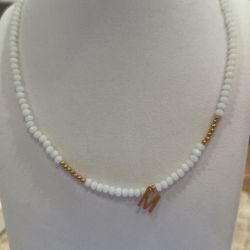 Gold ‘M’ Necklace with White Pearls – Brand New