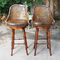 Refinished & Antiqued Solid Wood Cane Back "Swivel" Barstools

