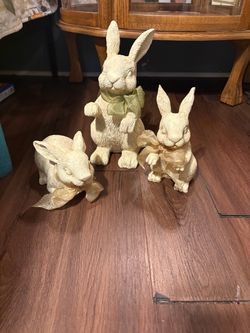 Set of 3 Ceramic Bunny Figurines with Ribbons