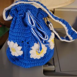 Hand Crocheted Daisy Drawstring Purse.  Approximately 9" Wide By 9" Tall.