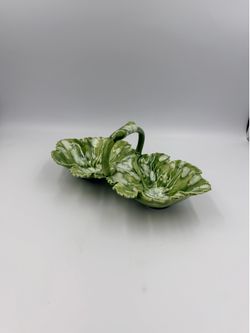 Vintage Ceramic Holland Mold Green Leaf Ceramic Serving Dish with Vine Handle