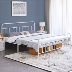 Iron Platform Bed Frame with High Headboard and Footboard