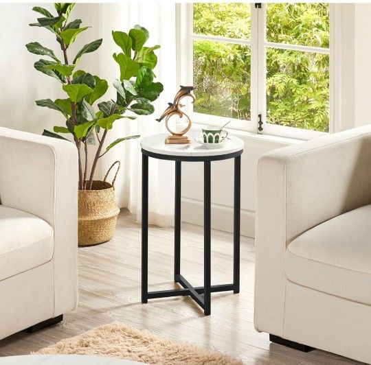 Faux Marble Side Table, 16in End Table Modern Accent Sofa Table w/X-Based, Round Tabletop
411372