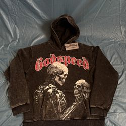 Godspeed Skeleton Hoodie Size M - Acid Wash Black Graphic Hooded Sweatshirt