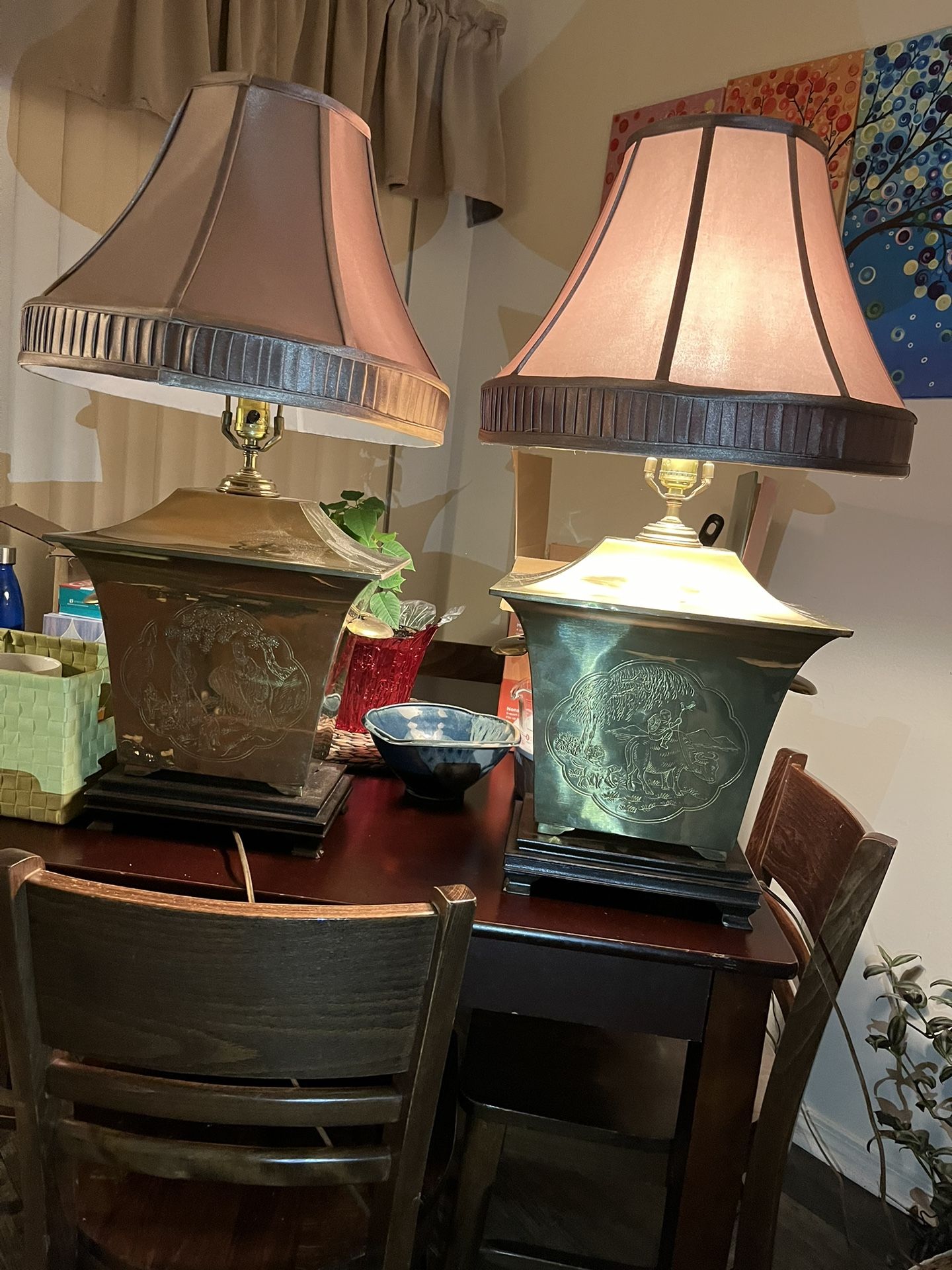 2 Brass and Wood China Style Lamps