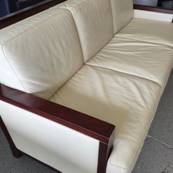 Modern Cream Leather Sofa with Wood Frame