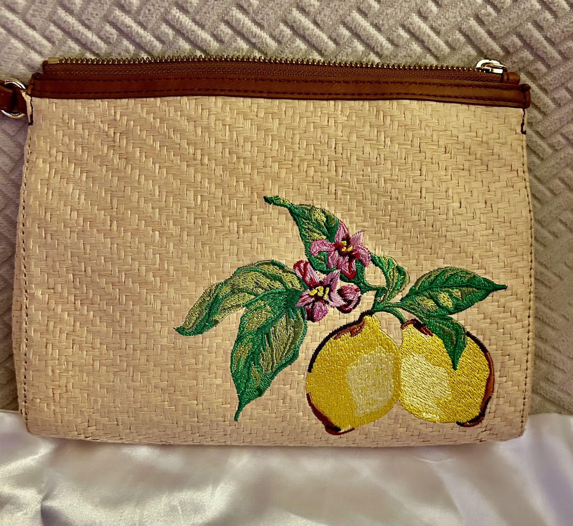 Talbots Embroidered Paper Straw Lemon Wristlet Clutch Bag
