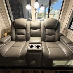 Ashley Furniture Gray Faux Leather Power Reclining Loveseat, Console Cup Holders, USB Port