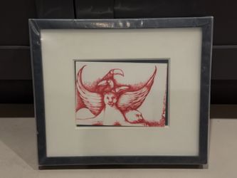 Framed Red Ink Style Winged Animals Artwork, Matted