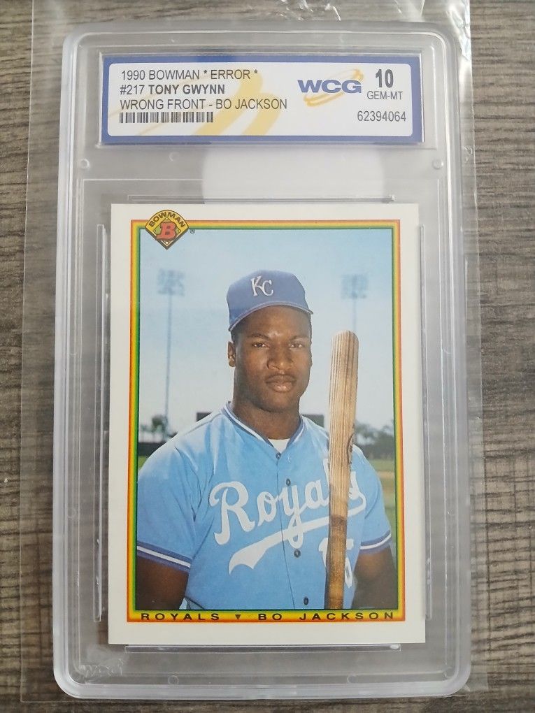 1990 Bowman ERROR baseball card featuring Bo Jackson, despite being labeled as #217 Tony Gwynn