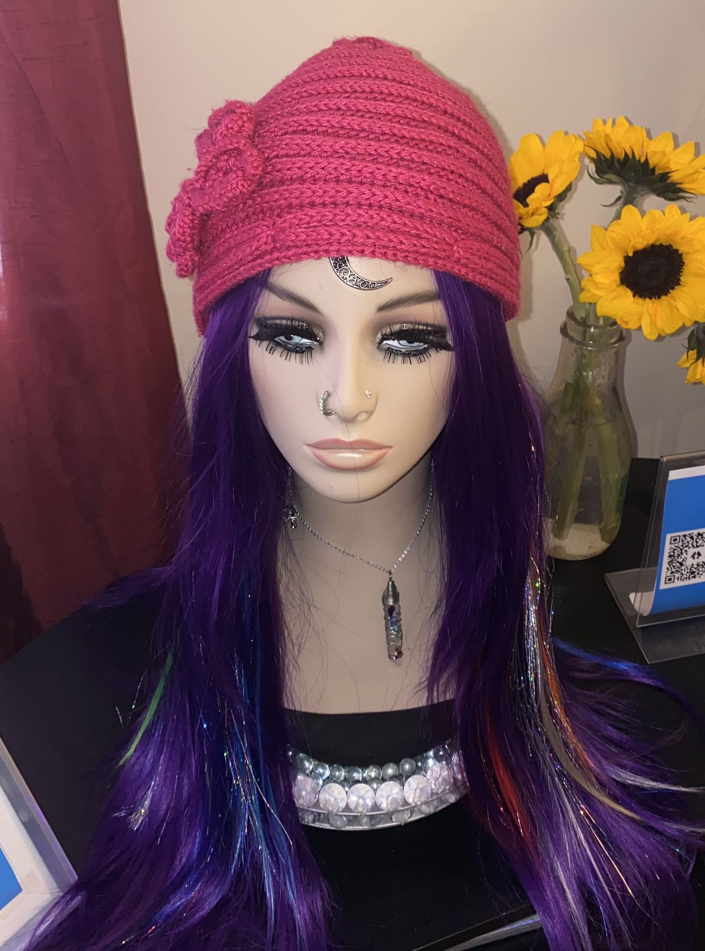Hot Pink Rose Petal Crochet Beanie Hat