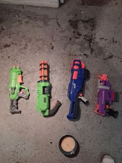 3 NERF guns and 1 Water gun (1) Adventure Force S-2 (2) NERF Fortnite (3)Water gun w/ double barrel (4) NERF Trilogy DS-15