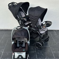BABY TREND SIT AND STAND DOUBLE STROLLER + CAR SEAT!!