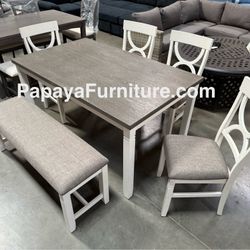 New! 6pcs Dining Set, Wooden Dining Set, Table And Chairs, Dinette Set, Table, Chairs, Bench, White Table, Farmhouse Dining Table, Casual Dining Set