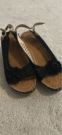 Black Wedge Sandals with Flower Detail