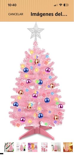 Árbol de Navidad rosa de alta calidad de 3 pies, cambio de color, 12 modos, temporizador, 50 luces blancas cálidas y de colores, 15 adornos de bola, f