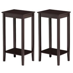 2pcs Tall Wood End Table Sofa Side Coffee Table with Lower Shelf