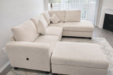 Ivory Corduroy Sectional Sofa Couch Wit Storage Ottoman 