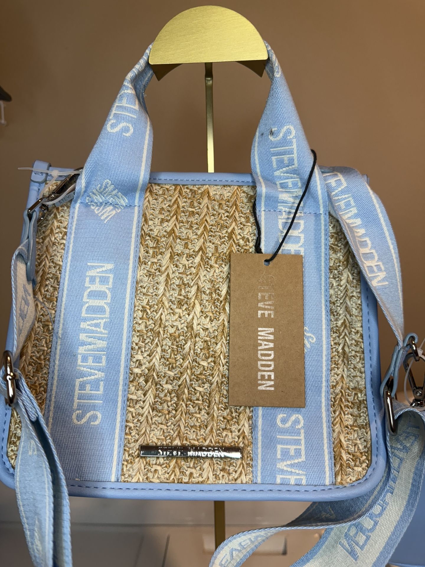 Steve Madden Blue Straw Tote Crossbody with Adjustable Logo Strap & Coin Pouch – NWT