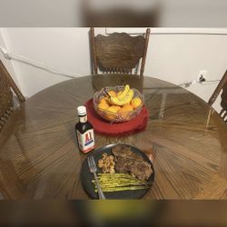 Round light Wood Dinner Table With Glass Top