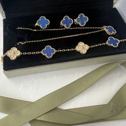 Mother of pearl blue clover necklace set 925