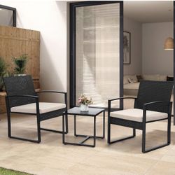 3 Piece Wicker Patio Bistro Set, Black Frame With Beige Cushion 