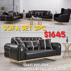 Black Leather Modern Sofa Set 3pc - Delivery And Financing Available 