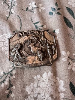 Vintage Alaska "The Last Frontier" Pewter Belt Buckle