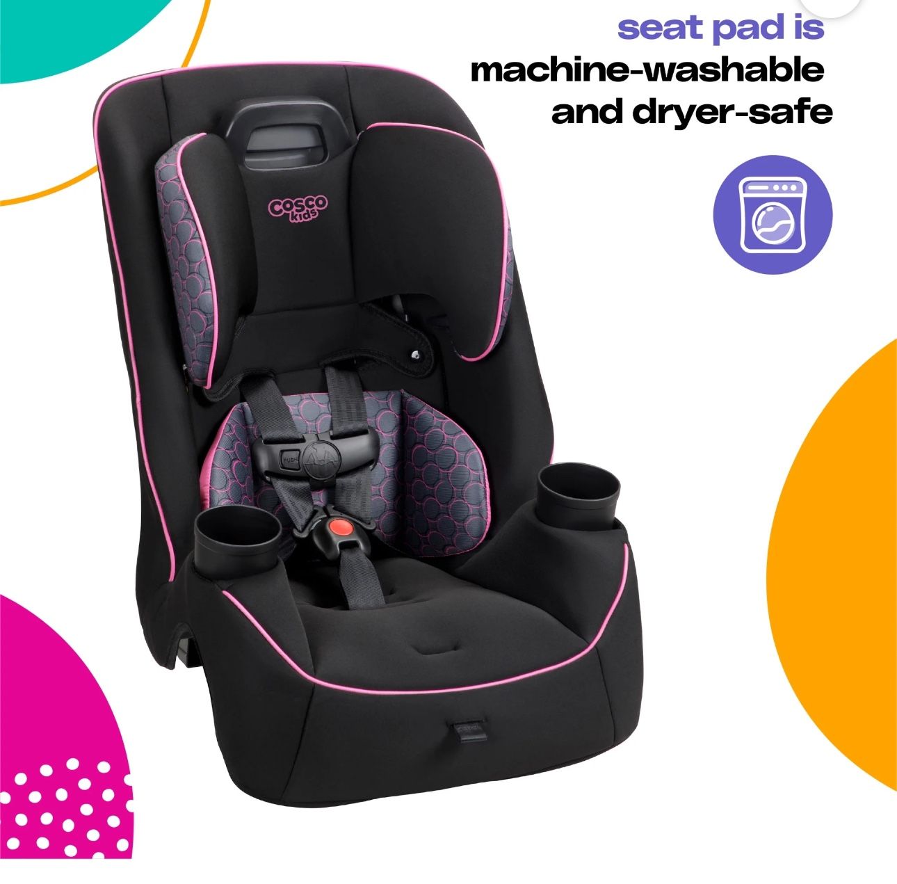 Cosco Kids Easy Elite Slim All-in-One Convertible Car Seat, Pink Rings, Infant & Toddler, Unisex