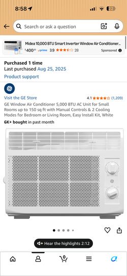 GE Window Air Conditioner 5,000 BTU AC Unit for Small Rooms up to 150 sq ft with Manual Controls & 2 Cooling Modes for Bedroom or Living Room