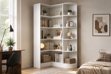 6-Tier Corner Bookshelf – White – 71” Tall – Space Saving Storage – New
