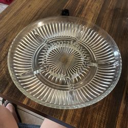 vintage KIG Indonesia divided glass serving tray featuring a radial, starburst pattern.