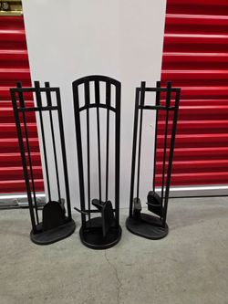 Lot of (3) Four 4pc Fireplace Tool Set, Black, All For $39