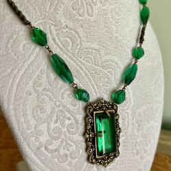 Antique Art Deco Brass Emerald Green Prism Glass Necklace