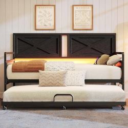K585 $150  Daybed with Trundle, Twin Size Day Bed with Charging Station and LED Lights, Metal Sofa Bed Frame with Steel Slat Support, Wooden Headboard