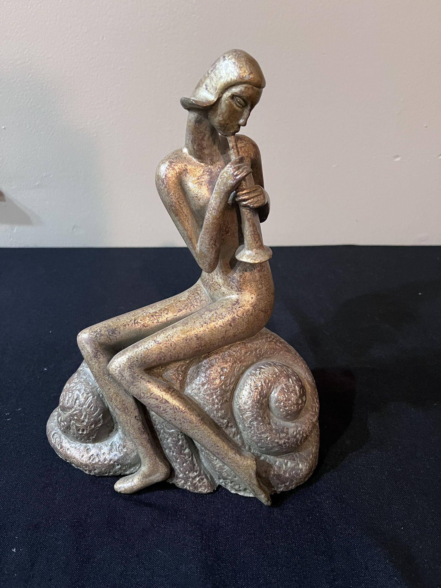 Women Playing Horn Stone Sculpture Figurine 