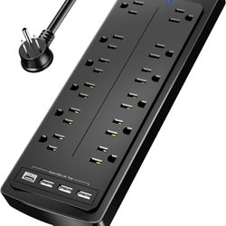 Power Strip, Nuetsa Surge Protector with 12 Outlets and 4 USB Ports, 6 Feet Flat Plug Extension Cord (1875W/15A) BLACK