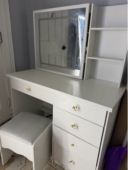 White LED Makeup Vanity with Mirror & Stool