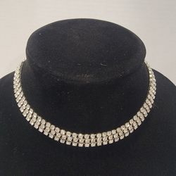 Silver Rhinestone Choker Chain Necklace 14 Inches Long