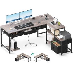AODK L Shaped Computer Desk with Fabric Drawers and File Cabinet, 61" Reversible Home Office Workstation Desk with Power Outlets & Host Stand, Corner 