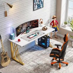 Simple Style Computer Desk, 55''Study Laptop PC Desk with Gold Legs, Industrial Makeup Vanity Desk with Thicken Frame, Sturdy Writing Workstation, C