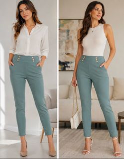 Women’s High-Waist Teal Skinny Ponte Pants with Decorative Buttons size small