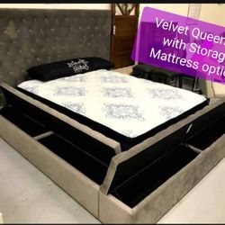 🔥Delivery Free🔥Brand New**Queen Velvet Upholstered Bed And Mattress *options 👍in Stock 💧$49down/GetNowPayLater 