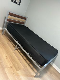 Metal gray twin bed frame and twin mattress