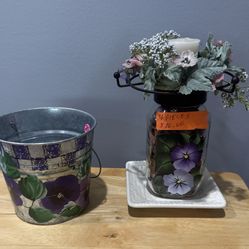 Pansy Bucket-25 cents& Pansy potpourri/flowers candle decor-4 pieces-$10 (Approx:10” high&6”wide)