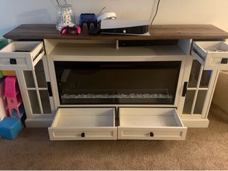 OKD Fireplace TV Stand for 80 Inch TV, Farmhouse Entertainment Center with 42" Fireplace & LED Lights