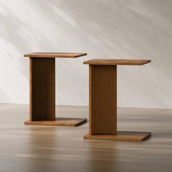 Solid Bamboo C-Shaped End Table Set of 2 for Couch and Sofa, Sustainable Mid-Century Modern Wood Side Table for Living Room or Bedroom, Easy Assembly 