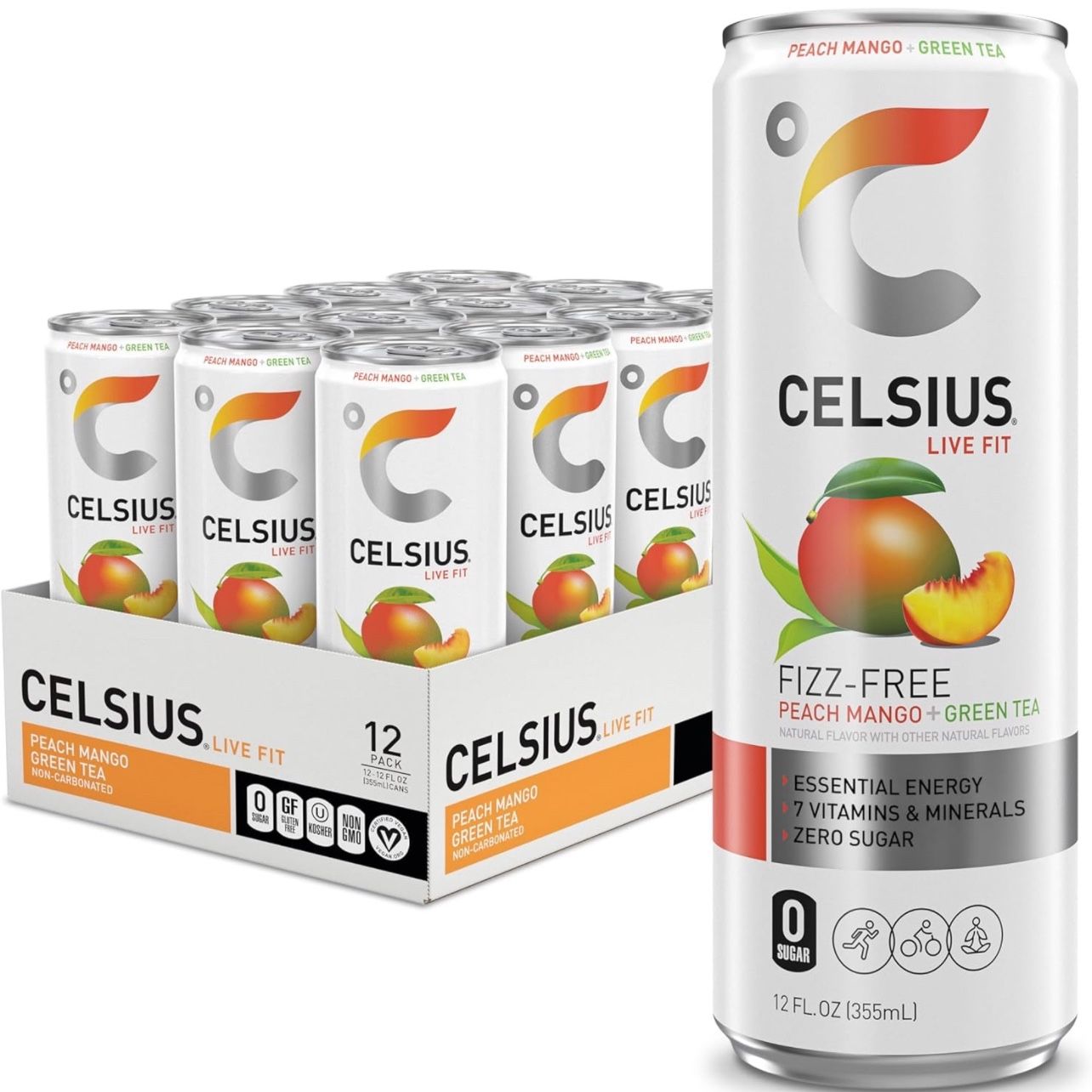 CELSIUS Peach Mango Green Tea, Functional Essential Energy Drink 12 Fl Oz (Pack of 12)