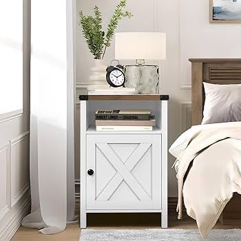 Farmhouse Nightstand, Side Table, End Table with Barn Door and Shelf, Modern Bed Side Table End Table, Rustic Nightstands Set for Bedroom, Li
